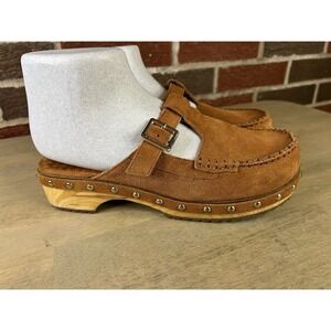 Kelsi Dagger Brooklyn stud wooden heel brown suede Clogs mules size 8